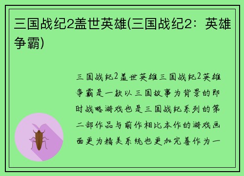 三国战纪2盖世英雄(三国战纪2：英雄争霸)
