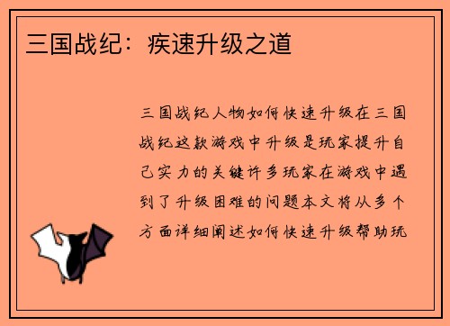 三国战纪：疾速升级之道